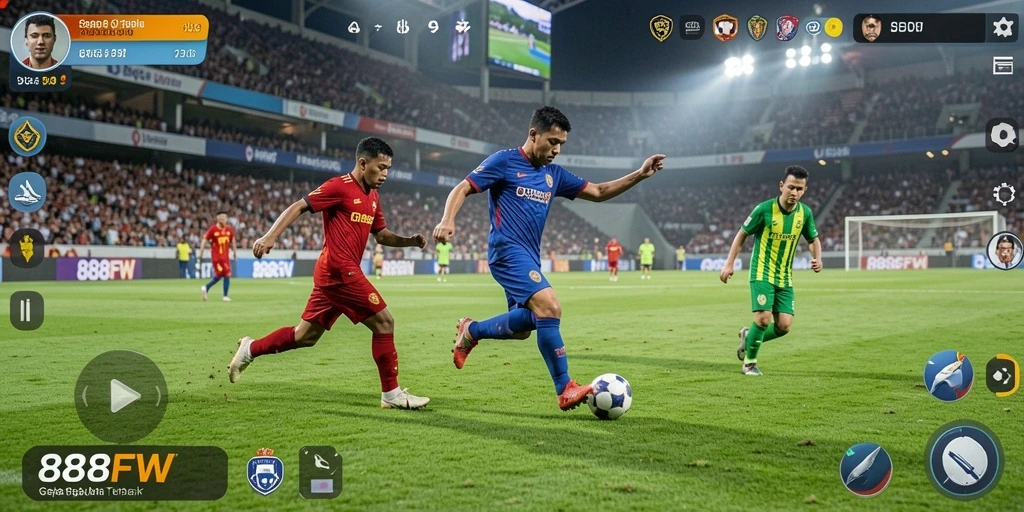 Tampilan gameplay memukau dari 888FW dengan aksi sepak bola yang dinamis.