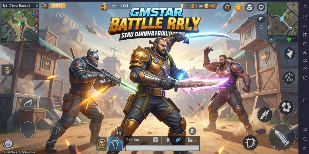 Screenshot gameplay GMSTAR menunjukkan aksi Battle Royale yang mendebarkan.