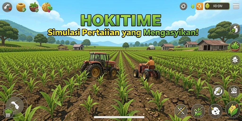 Gameplay HOKITIME menampilkan petani yang merawat tanaman di ladang.