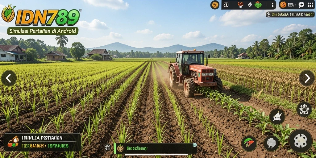 Screenshot gameplay IDN789 yang menampilkan pertanian dan panen.