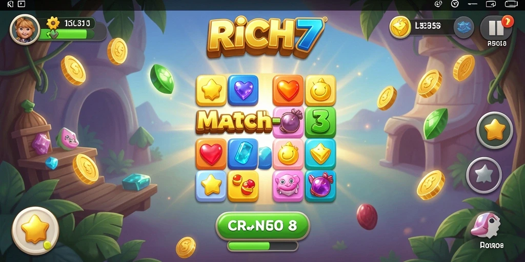 Gameplay RICH7 menampilkan keseruan permainan Match-3 yang interaktif.