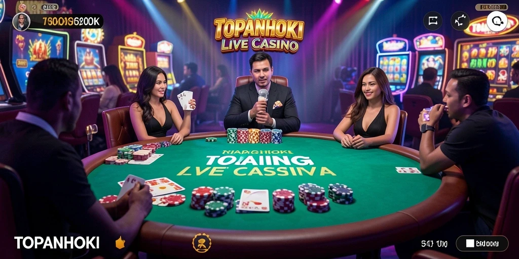 Screenshot gameplay menunjukkan dealer profesional dan suasana kasino yang mendebarkan.